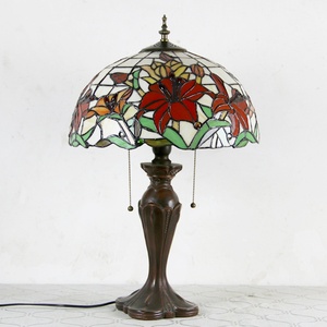 LongHuiJing Tiffany Style Reading Desk Lamp <b>Red</b> Floral Stained Glass Lamo Lampshade Table Lights Home Table Lamp Stand Lamp - Product Image 4