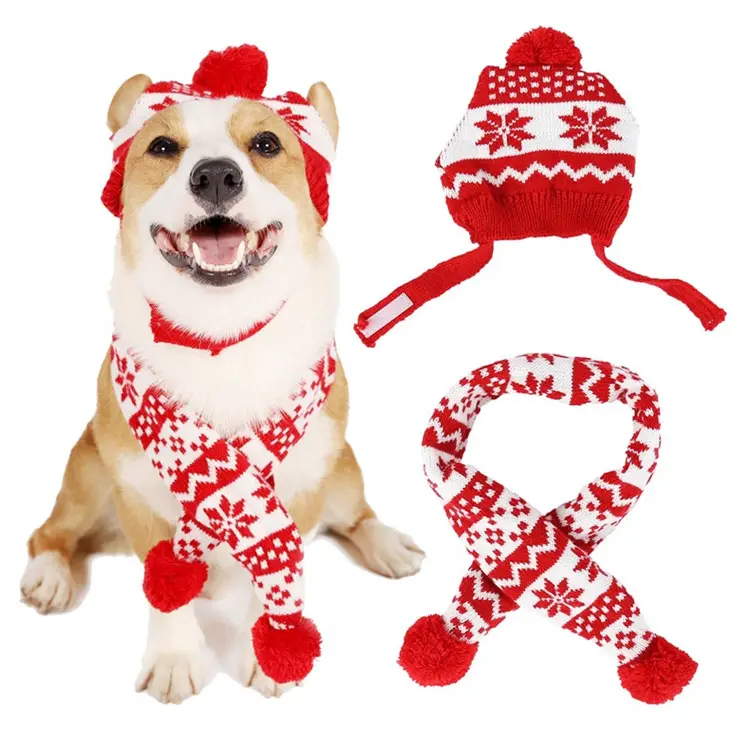 Winter Neck Ear Warmer Accessories Christmas Knitted Dog Hat and Scarfs Set For Pet from Small to Large