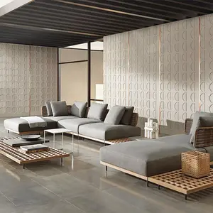 Perabot luar ruangan anyaman rotan desain Modern, set Sofa taman teras kayu jati padat semua cuaca dengan meja kopi