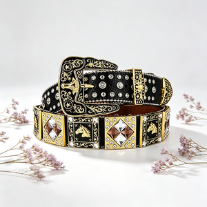 Ceinture unisexe en cuir style western avec strass, large, boucle en alliage gravée tête de cheval dorée, pour jeans, fêtes et spectacles - Product Image 1