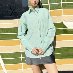 Custom logo summer classic cozy cotton oxford top oversize green and white stripe turn own neck long Shirts for women