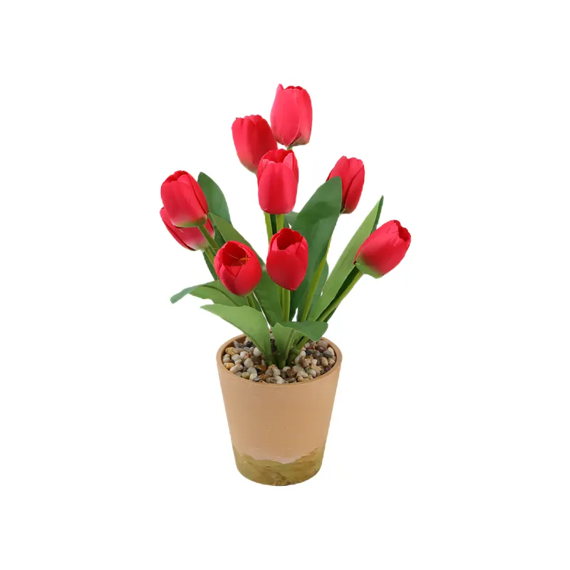 Mayoristas Atractiva variedad de colores Flores artificiales 5 cabezas 23cm Pvc Tulipán Flor Bonsái artificial en maceta para Decoración