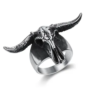 wholesale Satanic jewelry Worship Baphomet Ram Aries Zodiac Sheep Goat Head Horn Biker Ring