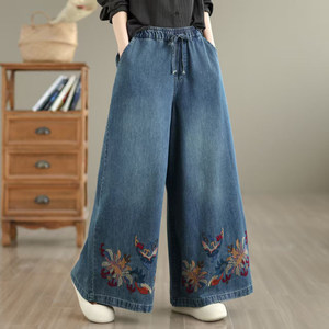 Nouvelle collection Printemps-Été 2026 : Jean large brodé grande taille pour femme, style ethnique floral, taille élastique avec cordon de serrage, coupe décontractée et ample. - Product Image 4