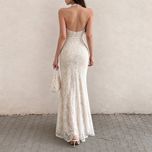 Vestido de Noche Largo de Lujo con Espalda Descubierta, Cuello Halter de Encaje, Silueta Lápiz, Cintura Natural, sin Mangas, para Fiesta, para Mujer - Product Image 2