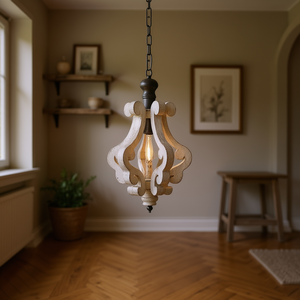 Lustre en bois style ferme, blanc vieilli, suspension de style campagnard français pour salon, forme cloche, ampoule E26 non incluse - Product Image 2