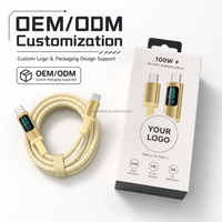 Câble de charge rapide USB-C vers C 100W avec affichage LED, cordon Type-C tressé en nylon doré avec puce E-Marker pour ordinateurs portables et téléphones