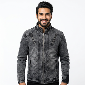 New Vintage Style Solid Color Casual Fashion Jeans Coat Black Blue Zipper Denim Jacket for Men - Product Image 1