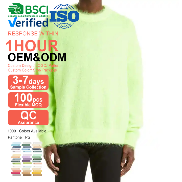 Custom Printed Embroidery Logo Knitted Mohair Designer Men's Sweaters Long Sleeve Mohair Sweater for Men