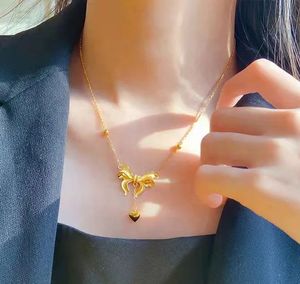 Custom 5G Pure 24K <b>Solid</b> 999 <b>Gold</b> Heart Shape Bow Tie Bowknot <b>Pendant</b> Real <b>Gold</b> Necklace for Women - Product Image 3