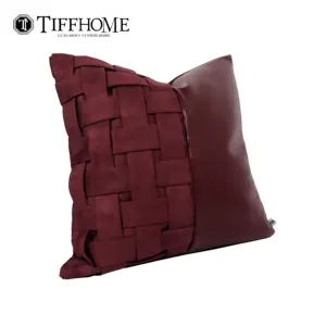 Tiff Home Wholesale Customization 45*45cm Unique Red Faux Leather Splicing Woven Removable Cover Back Cushion For Home Decor