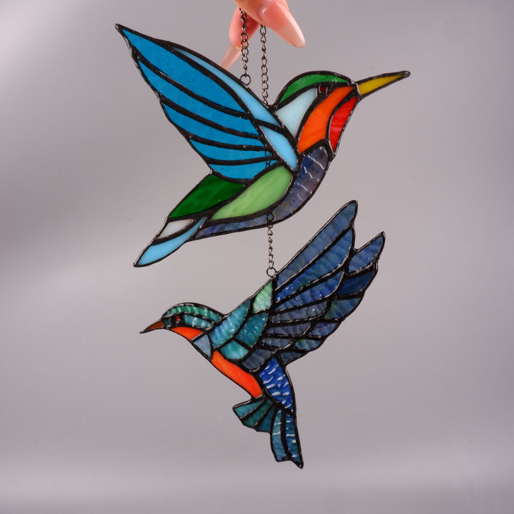 Buntglas Sonnenfänger Vögel - Handbemalt, Fensterdekoration, 17x23cm