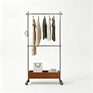 Minimalist Rolling Garment <b>Rack</b> With Wooden Storage Box Stainless Steel <b>Clothes</b> Rail Mobile Clothing Stand For Retail Display - Product Image 1