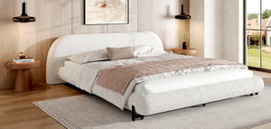 Cadre de lit moderne réglable Queen Size rembourré en tissu bouclé avec pieds en acier, blanc, luxueux et idéal pour appartement - Product Image 4