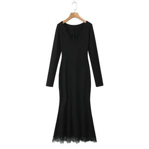 Vestido Runqi para Mujer, Talla Grande, Negro, con Encaje, Corte Sirena, Cuello Redondo, Manga Larga, Color Sólido, Algodón, N9079 - Product Image 1