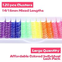 Clusters de cils colorés 120 pièces Kit d'extension de cils DIY 6 couleurs Courbure D Longueurs mixtes 14-16mm Faux cils en gros