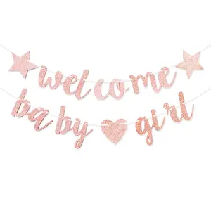 Baby Shower Banner Pentagram Love Welcome Baby Girl Glitter Pull Flower