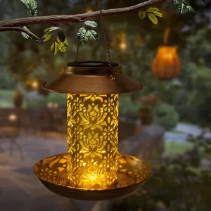 Feed bird hanging lights Iron solar garden lights lantern solar outdoor night lights Brass shell color warm led color for tree