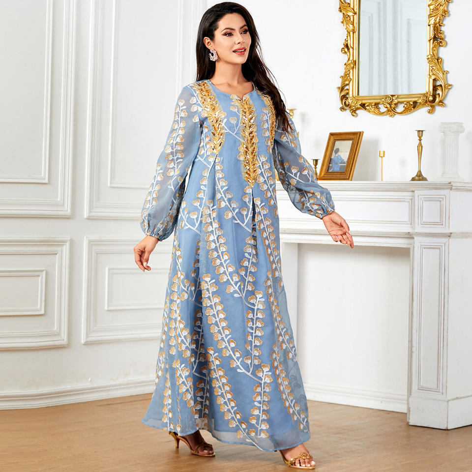 4039 Abaya de manga larga para mujer con bordado de lentejuelas de Dubái, nueva bata musulmana transfronteriza americana europea de Medio Oriente para Eid