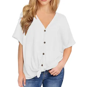 Womens Chiffon Blouses Casual Solid Bell Sleeve Shirt Loose V Neck Pleated Tunic Tops