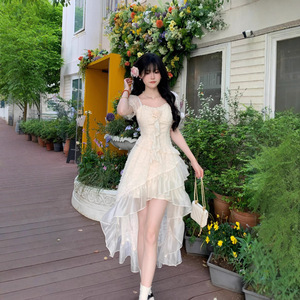 Vestido Casual Midi de Verano con Cuello Cuadrado, Cintura Imperio, Asimétrico e Irregular para Uso Diario - Product Image 4