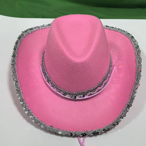 Sombrero vaquero rosa con ribete plateado, ala ancha, estilo fiesta para mujer, primavera-verano, transpirable, protección solar - Product Image 1