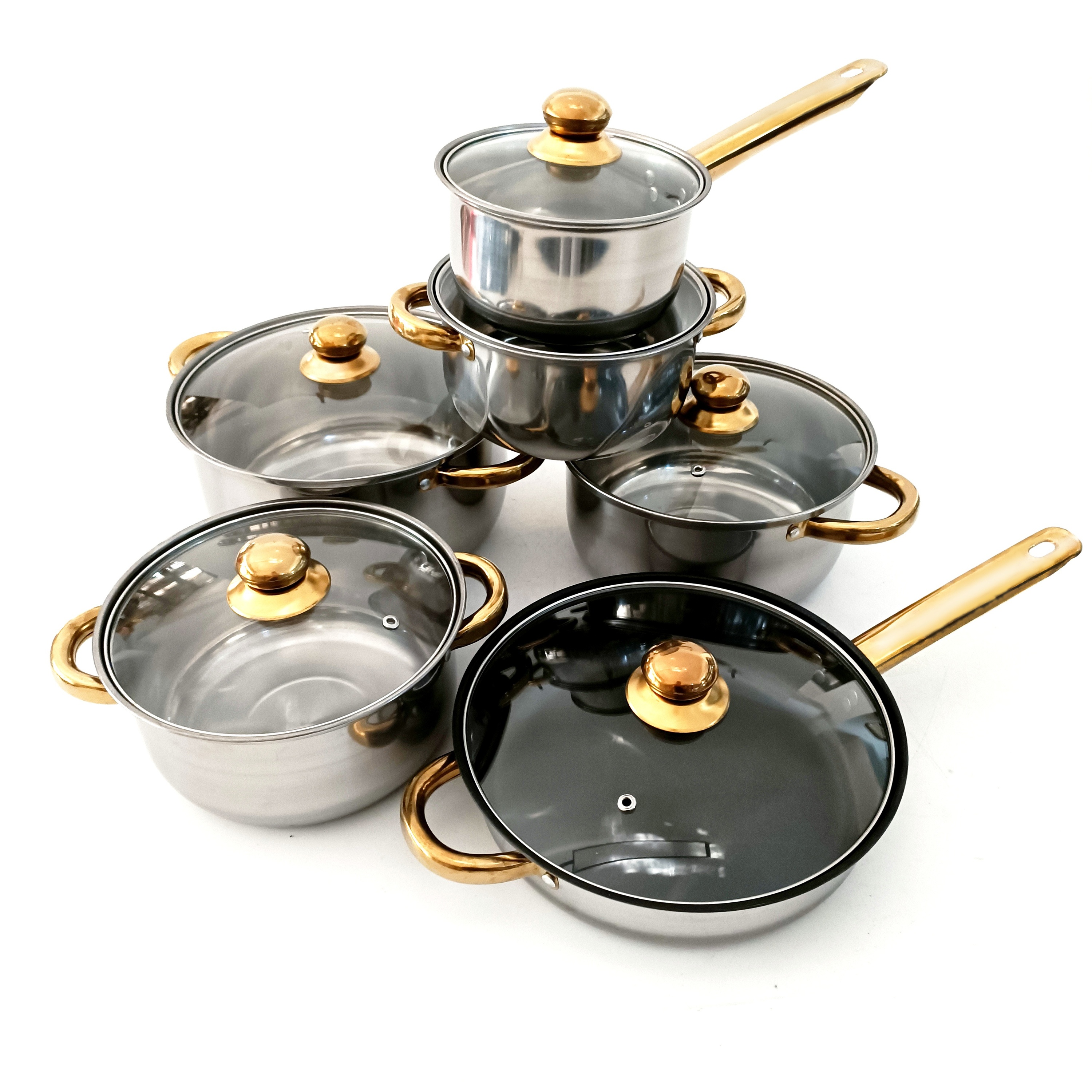 12pcs Modern Stainless Steel Cookware Set with Cooking Pots and Pans Single Bottom Lid Gold Glass Lids · image 2