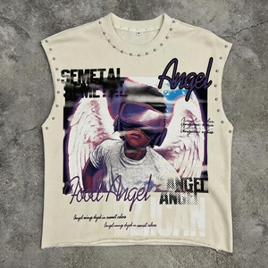Débardeur Rétro Personnalisé à Motif Graphique, Col Rond en Molleton Bouclette, T-shirt Court Sans Manches en Coton Lourd 100% pour Homme - Product Image 1