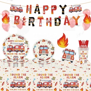 Assiettes, gobelets et <span class=keywords><strong>serviettes</strong></span> en <span class=keywords><strong>papier</strong></span> jetables pour fête d'enfants sur le thème des camions de pompiers – Kit de fournitures pour célébrations – Vente chaude - Product Image 1