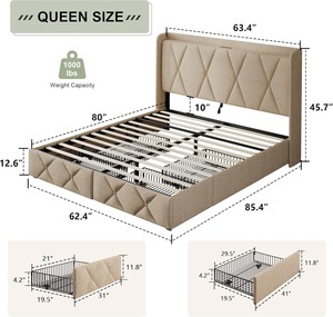 Factory Wholesale Double <strong>Bed</strong> Frame with 4 <strong>Storage</strong> Drawers <strong>Padded</strong> Buttons Fleece 4-inch <strong>Storage</strong> Headboard Beige for Easy Assembly - Product Image 3