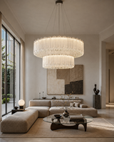 Lustre LED en cristal superposé de luxe à double couche, finition or/blanc, à intensité variable, pour salon et salle à manger, rehausse l'esthétique de l'espace