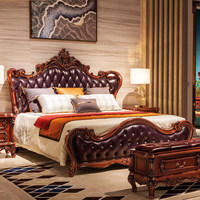 Lit double de style européen en bois massif et cuir pleine fleur, design néoclassique luxueux, avec espace de rangement et dossier souple