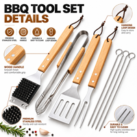 Ensemble d'outils de barbecue RTS 5 pièces en acier inoxydable avec poignées en bois, sac de transport, pour camping en extérieur, faible MOQ, 5 ensembles, logo personnalisé