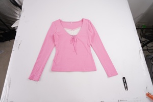 Sweet Hot Colorblock Lace V Neck Cross Tie Tee Youthful Flattering Versatile Slim Fit Faux Layered <b>Top</b> - Product Image 6
