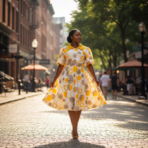 Robe pour femmes multicolore élégante à col <span class=keywords><strong>carré</strong></span>, taille haute, plissée, à volants, coupe trapèze, chic, longueur genou, à manches bouffantes, pour l'été - Product Image 1