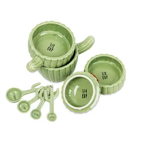 Green Ceramic Cactus Stacking Measuring Cups, Red Cactus Flower