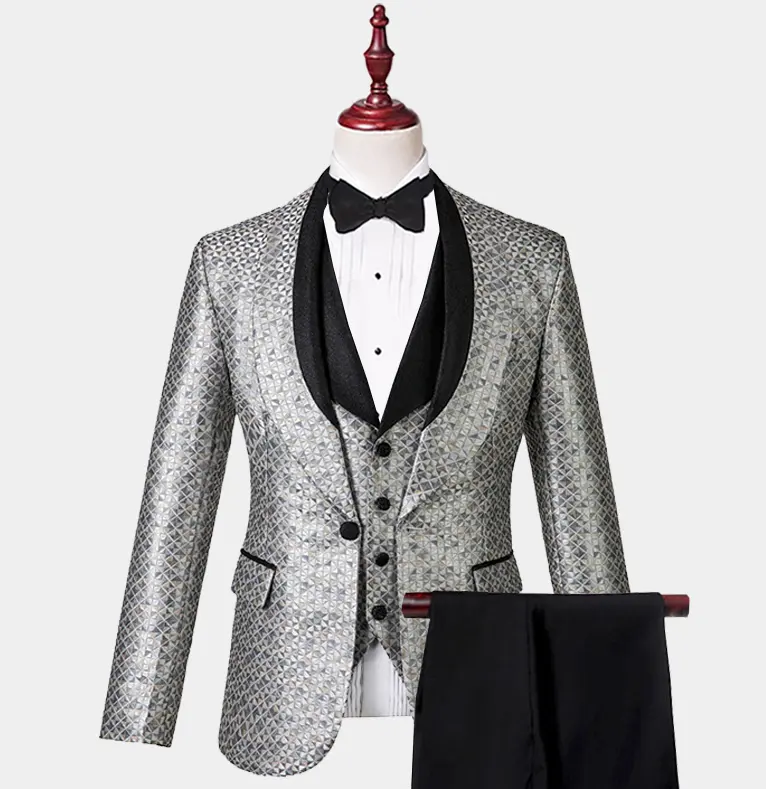 Feito sob encomenda prata cinza mosaico smoomsman olhar trajes set para homens