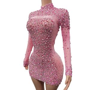 Sexy Rhinestone cristal cumpleaños banquete vestido tubo mujeres cóctel vestido de noche señoras ver a través de Mini Club vestido de fiesta - Product Image 3