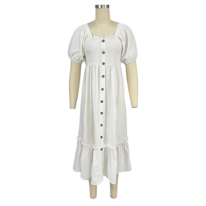 Váy mùa hè cho phụ nữ 2025 Midi flowy Ruffle Ngắn Tay Áo Vuông Cổ tầng bãi biển ăn mặc với nút - Product Image 4