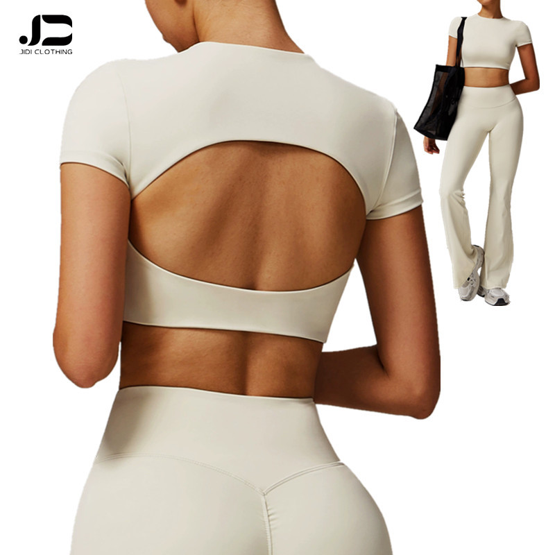 New Yoga Top Quick Dry Round Neck Yoga Short Sleeve Hollow Out Beauty Back Tight Fitting Top Running Sports Fitness T-shirt