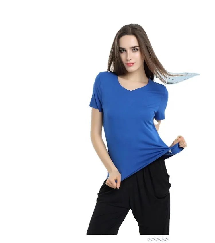Camiseta feminina de bambu confortável para mulheres, camiseta popular de alta qualidade com decote em V, fabricante