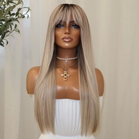 Perruque en cheveux humains Remy, blonde avec mèches, cheveux longs et raides, racine foncée, perruque entièrement en dentelle avec frange, ligne de cheveux naturelle