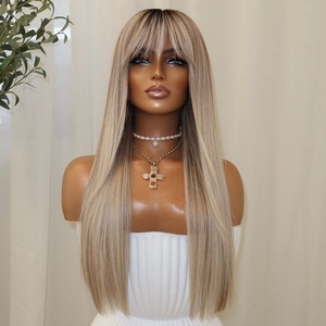 Remy Echthaar Lace Wig Blonde Highlights Langes Glattes Haar Dunkler Ansatz Full Lace Perücke mit Pony Natürlicher Haaransatz - Product Image 1