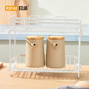 Ripai Double Layer Iron <b>Storage</b> Rack For <b>Kitchen</b> Condiment And Glassware Countertop Organizer With Wooden Lid M Size - Product Image 2