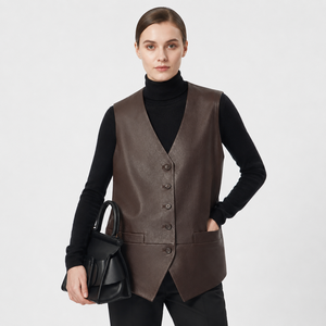 Gilet court décontracté vintage en cuir d'agneau non couché marron moka pour <span class=keywords><strong>femme</strong></span>, coupe-vent, col en V, en polyester - Product Image 5