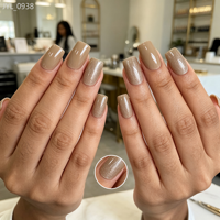Faux Ongles Courts Carrés Mocha Nude à Coller, en Gel Souple Pailleté, Qualité Salon, Réutilisables, Personnalisables, Vente en Gros