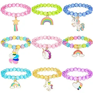 Kleurrijke Kids Vriendschap Regenboog Regenboog Charm Crystal Bead Elastische Armband Voor Meisjes Verjaardagsfeestje