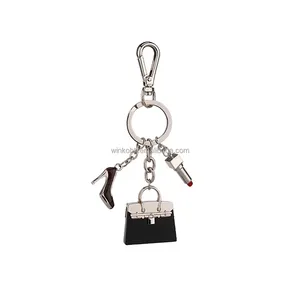 Stock cute lady bag charm metal keychains 3D mini handbag high-heel shoe lipstick charm metal souvenir keyrings gifts