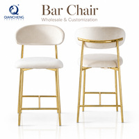 Tabouret de bar moderne en velours doré avec dossier, en acier inoxydable 201, hauteur de comptoir, pour îlot de cuisine, hôtel, vente en gros, direct usine