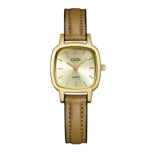 Women Quartz Watch Square Gold Case Beige Dial Brown Leather Strap Fashion Elegant Dress Wristwatch Minimalist Luxury